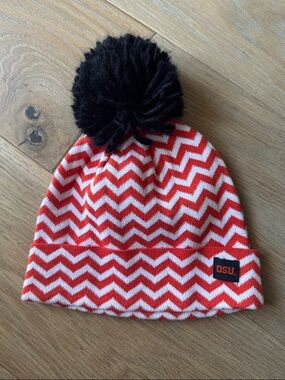 Orange and White Chevron Pom Beanie with OSU Patch
